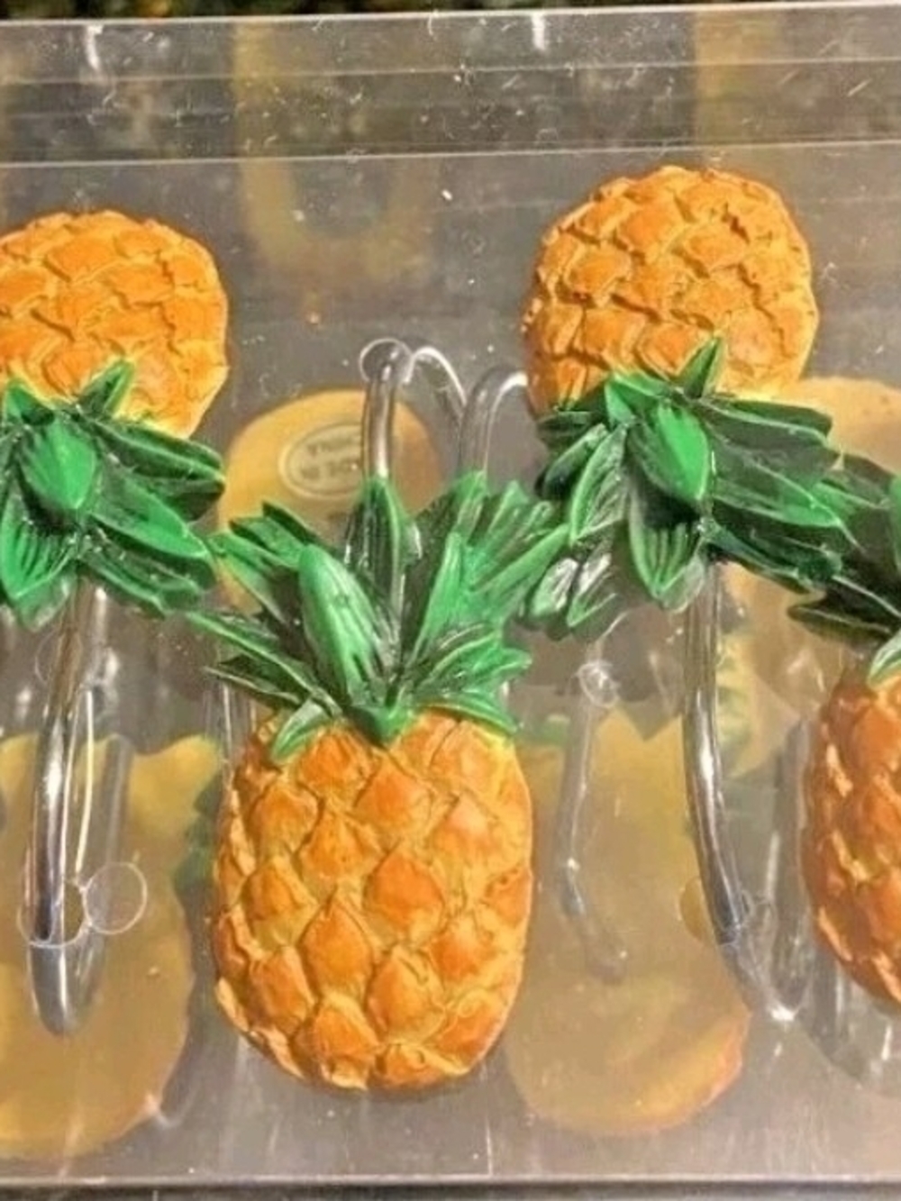 NOB 12 pc  yellow green PINEAPPLE shaped SHOWER CURTAIN HOOKS~ Tropical look FUN